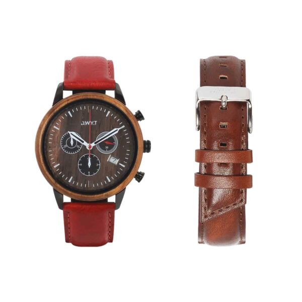 Montre en bois homme avec bracelet rouge